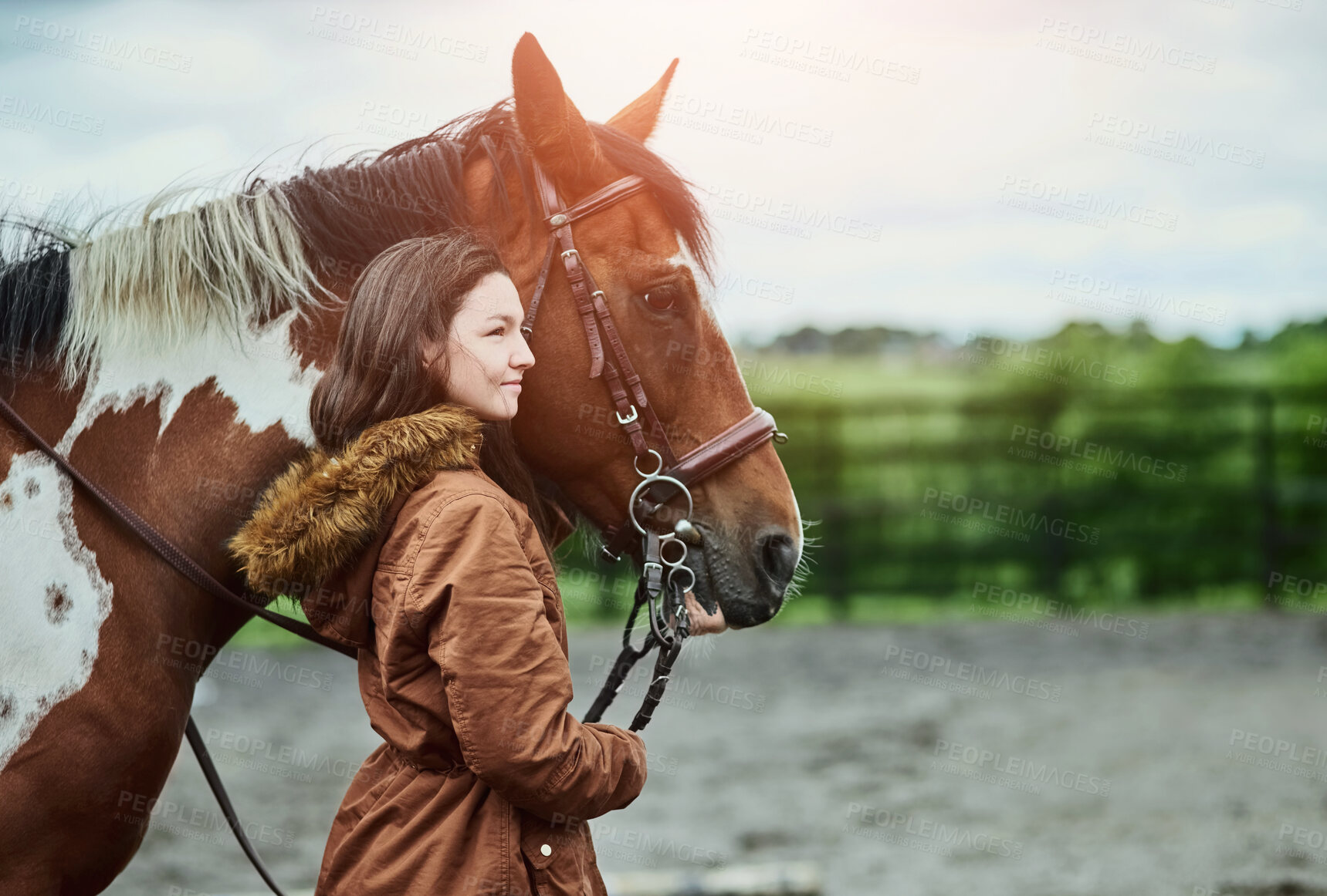 Buy stock photo Nature, walking and woman with horse on farm for bonding with pet in sustainable environment. Smile, agriculture and female person with equestrian animal for training in outdoor field by countryside.