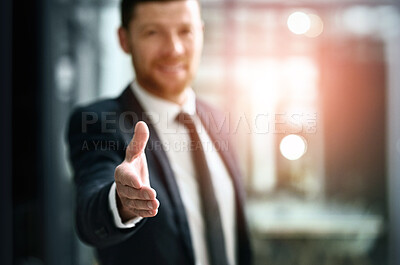 Buy stock photo Handshake, offer and portrait of business man for success, agreement or introduction, hiring and welcome. Professional person shaking hands in pov meeting, night deal or congratulations and thank you