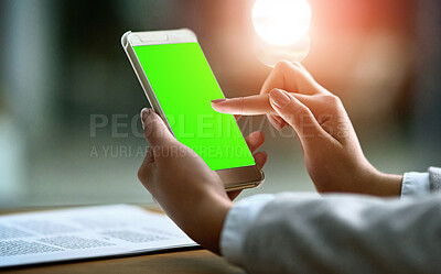 Buy stock photo Green screen, phone and woman hands for business communication, mobile app and mockup search at night. Online space, typing and professional person, social media, networking or internet chat mock up