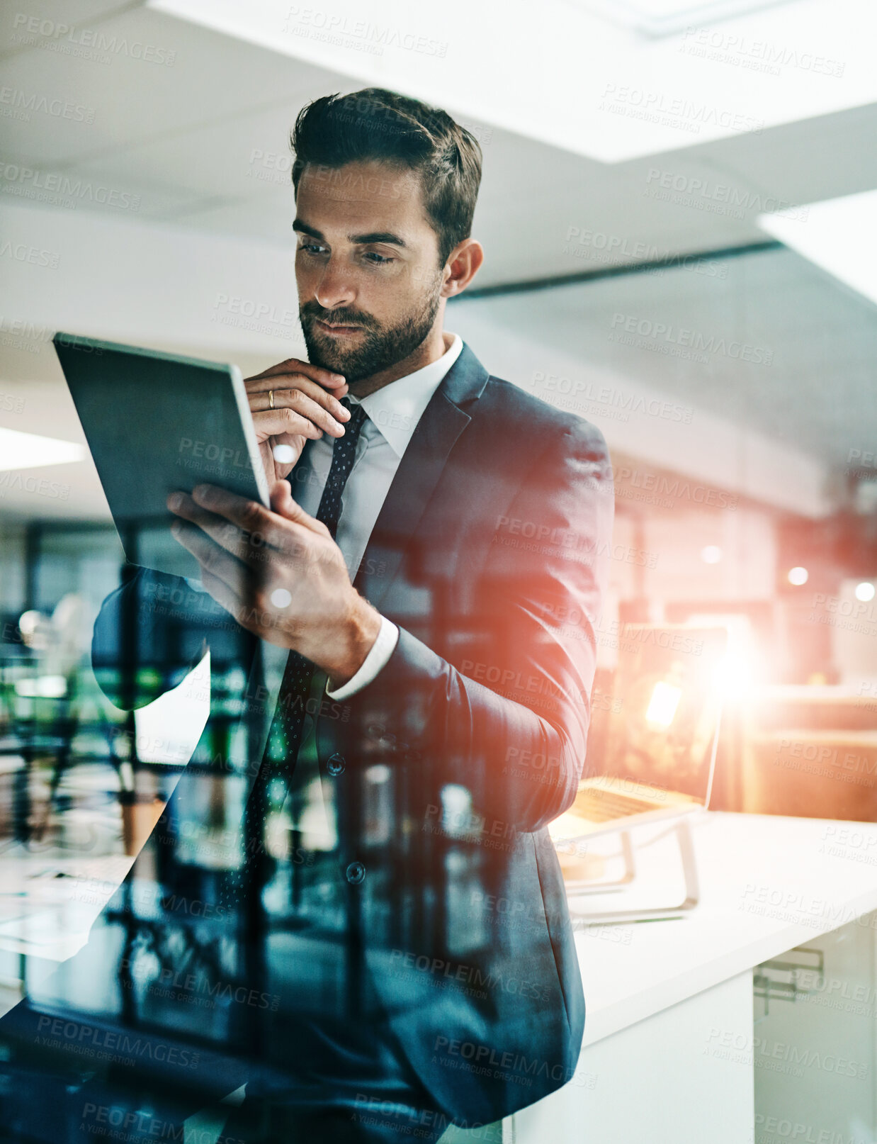 Buy stock photo Reflection, businessman and tablet in office for reading, information or brainstorming in workplace. Man, lawyer or research on technology for thinking, evidence review or problem solving in law firm