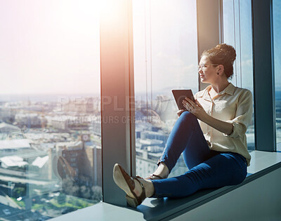 Buy stock photo Businesswoman, office and thinking at window with tablet, memory and research in company. Woman, journalist and technology in city for idea, communication and social media in corporate workplace