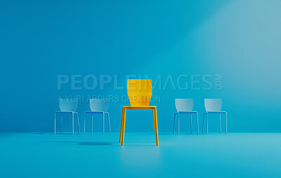 Chair, decor and furniture against a blue background for employment vacancy, hiring concept or recruitment agency. Mockup, design and layout with copyspace for branding and marketing wallpaper