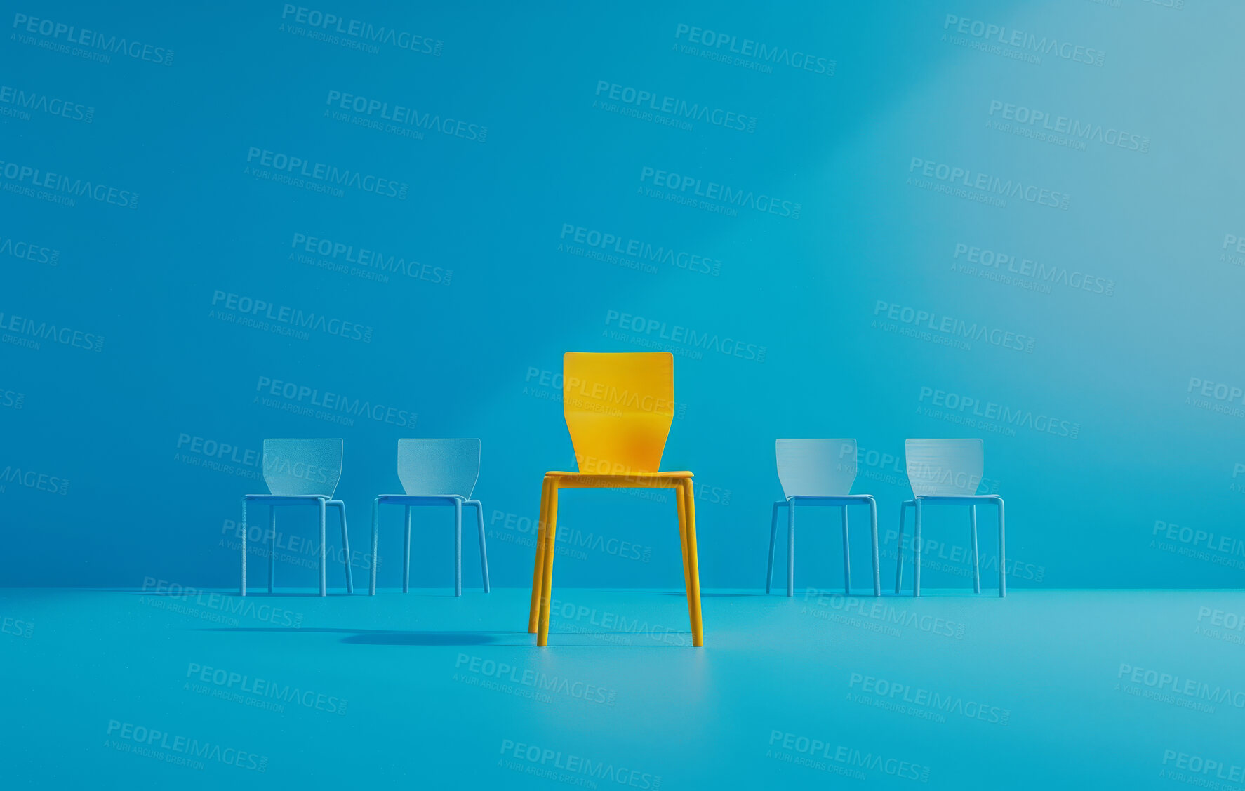 Buy stock photo Chair, decor and furniture against a blue background for employment vacancy, hiring concept or recruitment agency. Mockup, design and layout with copyspace for branding and marketing wallpaper