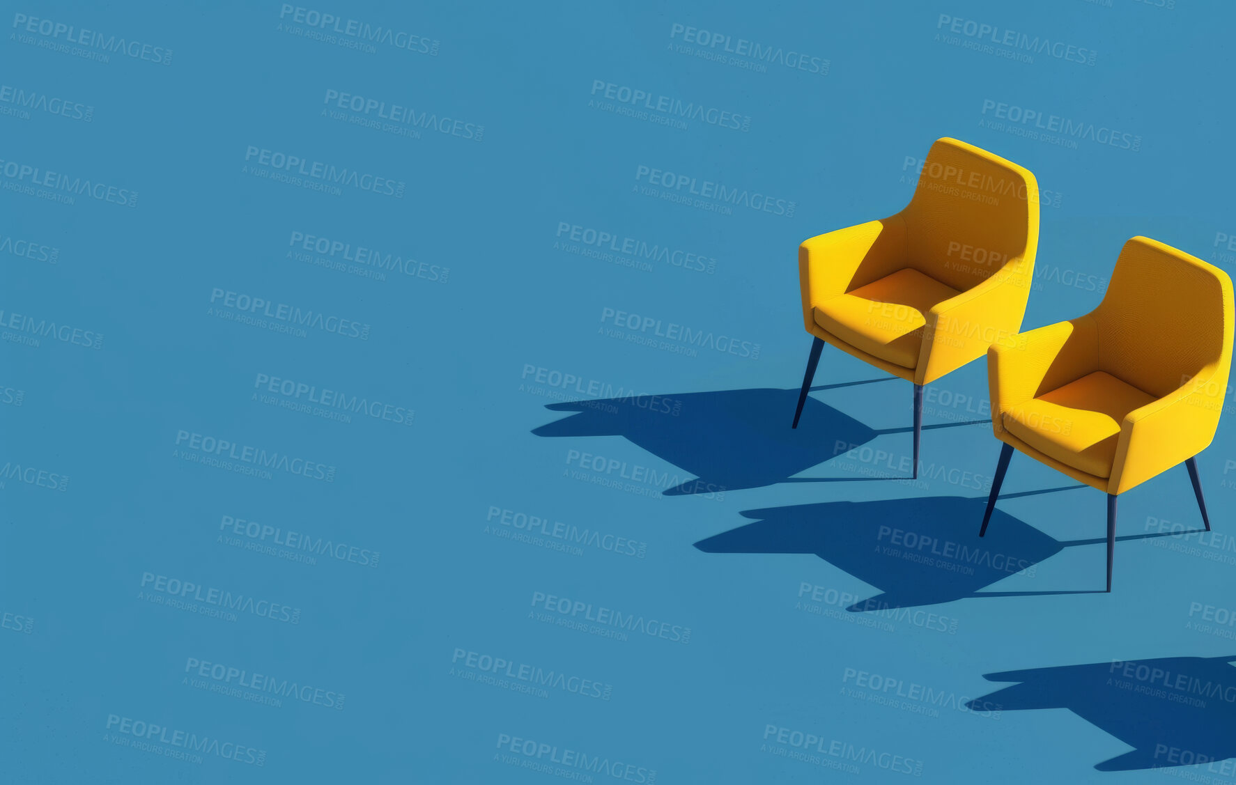 Buy stock photo Chair, decor and furniture against a blue background for employment vacancy, hiring concept or recruitment agency. Mockup, design and layout with copyspace for branding and marketing wallpaper