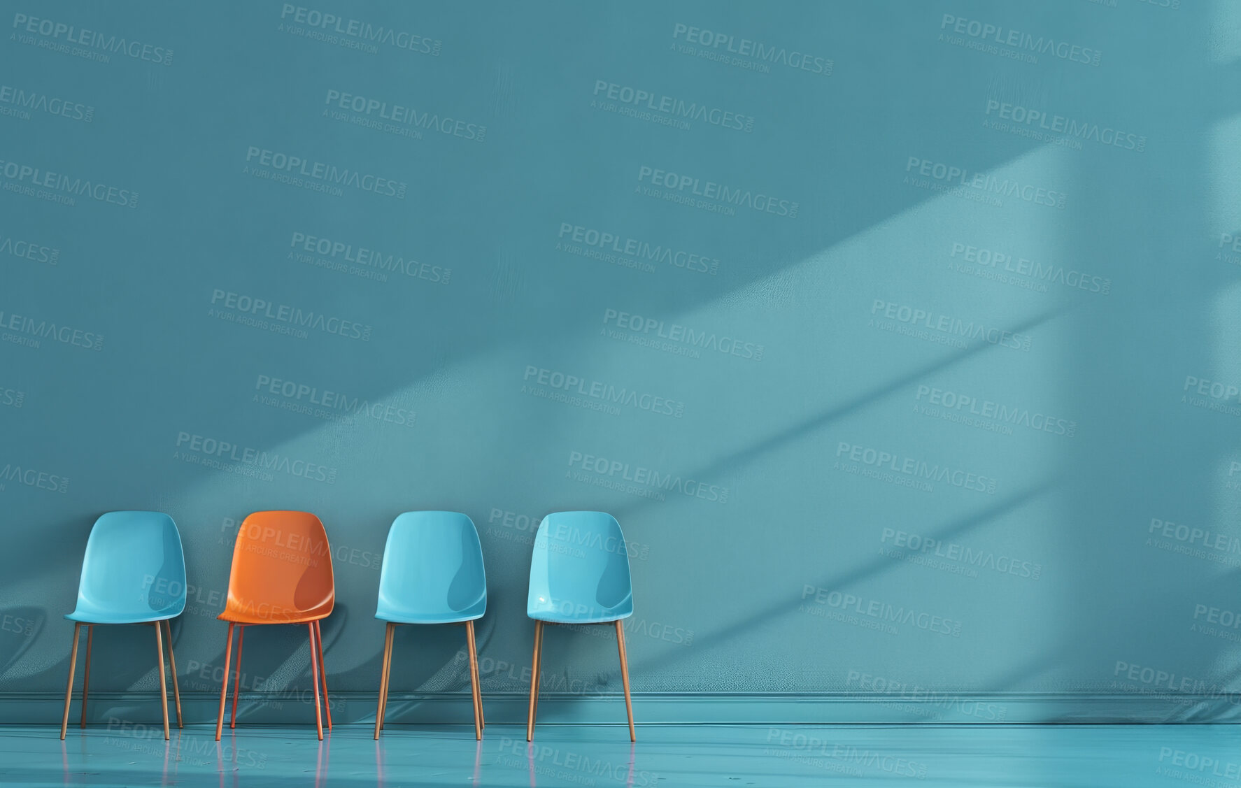 Buy stock photo Chair, decor and furniture against a blue background for employment vacancy, hiring concept or recruitment agency. Mockup, design and layout with copyspace for branding and marketing wallpaper