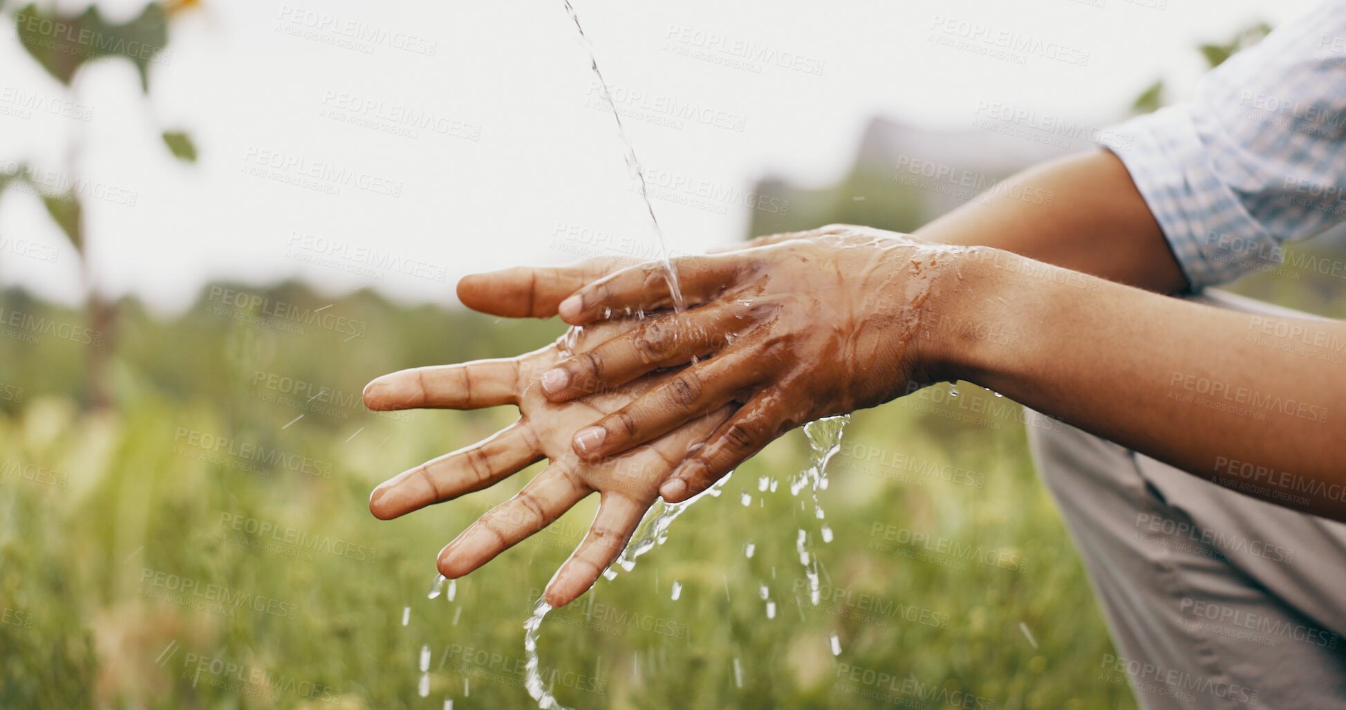 Buy stock photo Hands, cleaning and water or outdoor for hygiene bacteria or wellness splash, forest or dirt. Person, fingers and liquid drops in nature or washing for germ protection or eco friendly, wet or hydrate