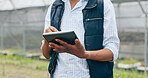 Research, tablet or hands of man in farm for agriculture or sustainability, production or website info. Closeup, greenhouse or farmer in countryside typing online for agro development or food crops