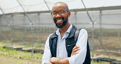 Farmer, smile or face of black man with arms crossed or pride in agriculture farming or gardening. Portrait, happy or business owner with organic crops or food production in eco friendly greenhouse