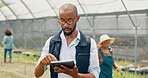 Research, tablet or black man in farm for agriculture or sustainability, production or website info. Business, greenhouse or farmer in countryside for ngo checklist online, agro development or crops