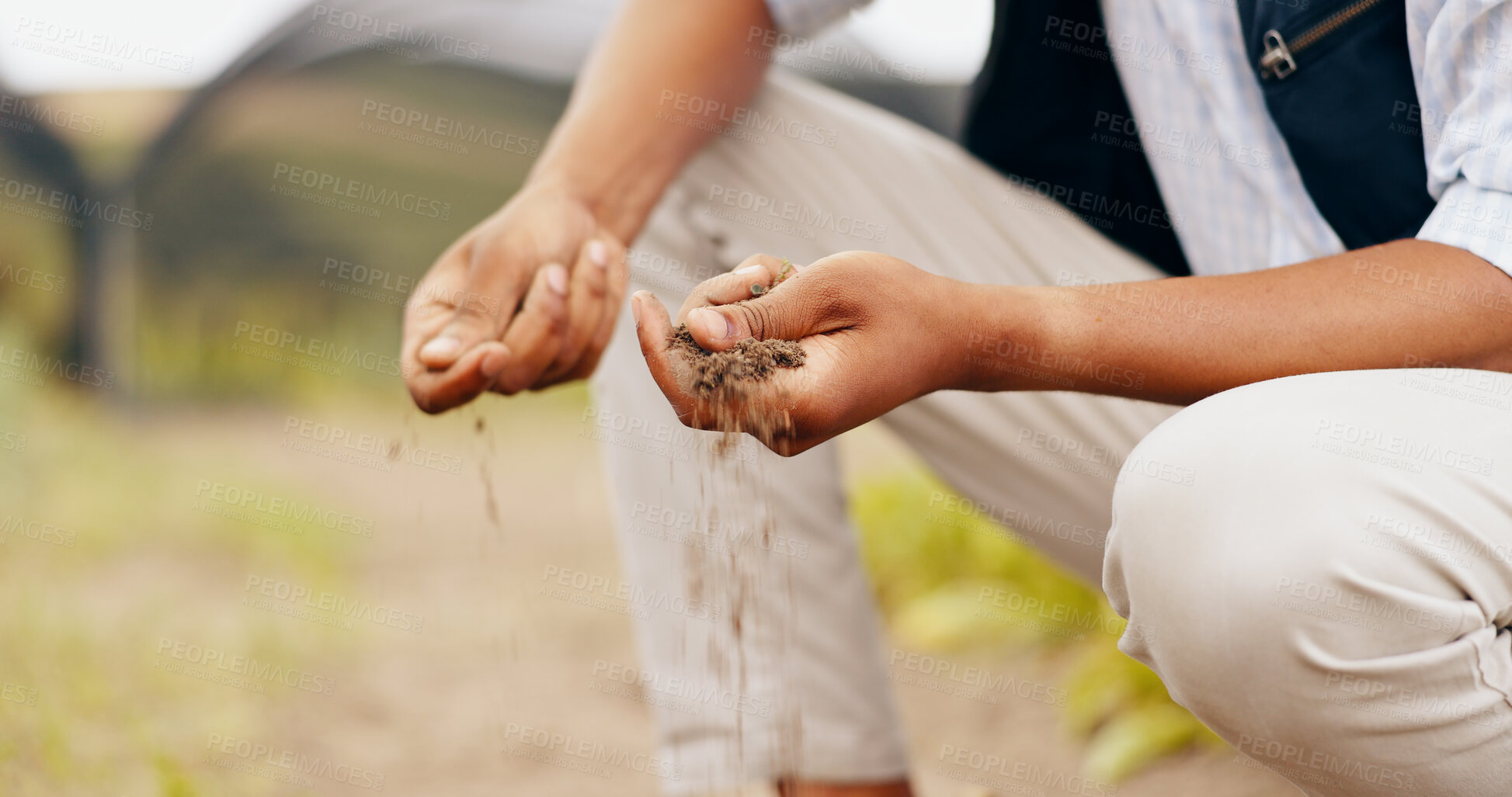 Buy stock photo Sand, sustainable and closeup of hands on a farm for planting vegetables, leaves or plants, Soil, agriculture and zoom of man feeling dirt for produce or greenery on outdoor agro land or environment.