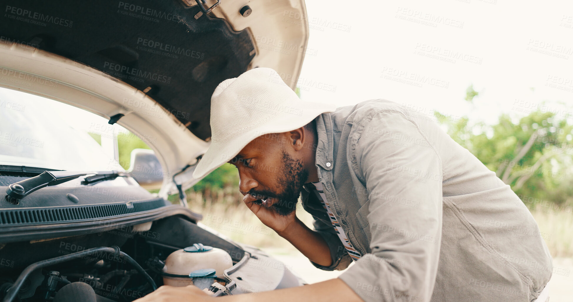 Buy stock photo Car problem, frustrated and black man with phone call, angry or connection with network, conversation or breakdown. Person, motor crisis or guy with smartphone, anxiety or emergency with engine issue