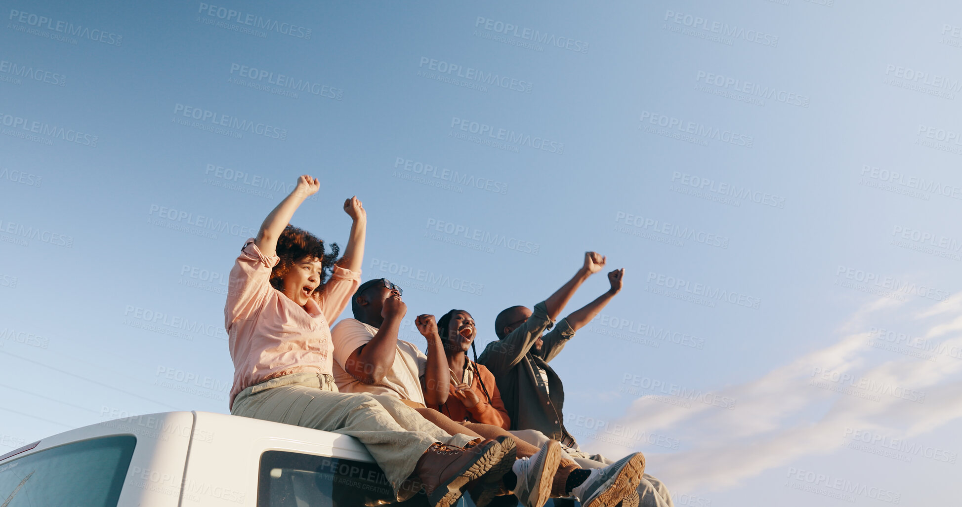 Buy stock photo Car, friends and happy for travel, road trip and stationary for journey, outdoor and transportation. Summer, vacation or hands in air for holiday, retro or getaway with blue skies, peaceful or drive