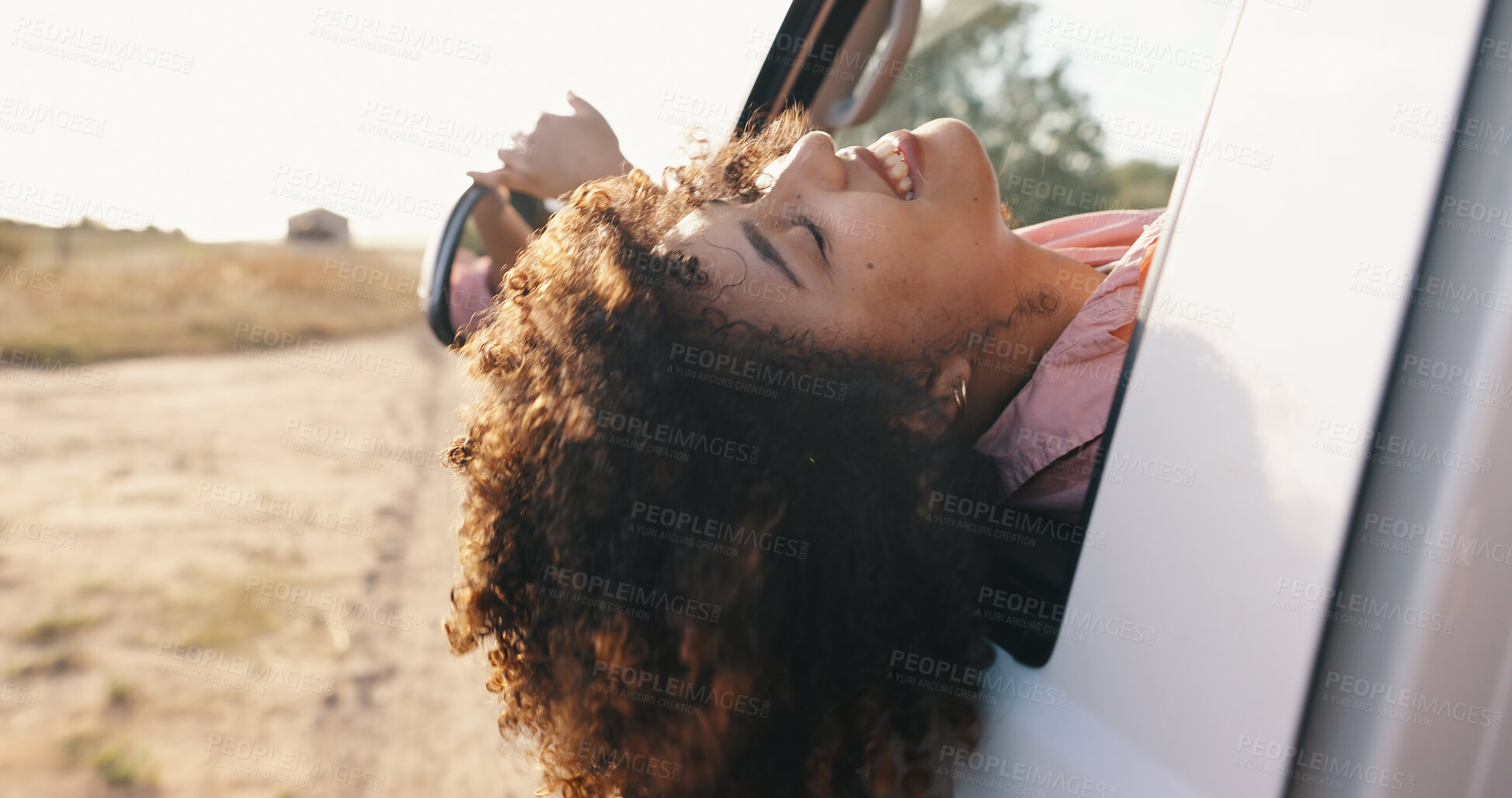 Buy stock photo Travel, wind and woman with a smile, car and freedom with summer break, journey and happy in road. Adventure, holiday and transportation with girl passenger on outdoor vacation road trip and nature