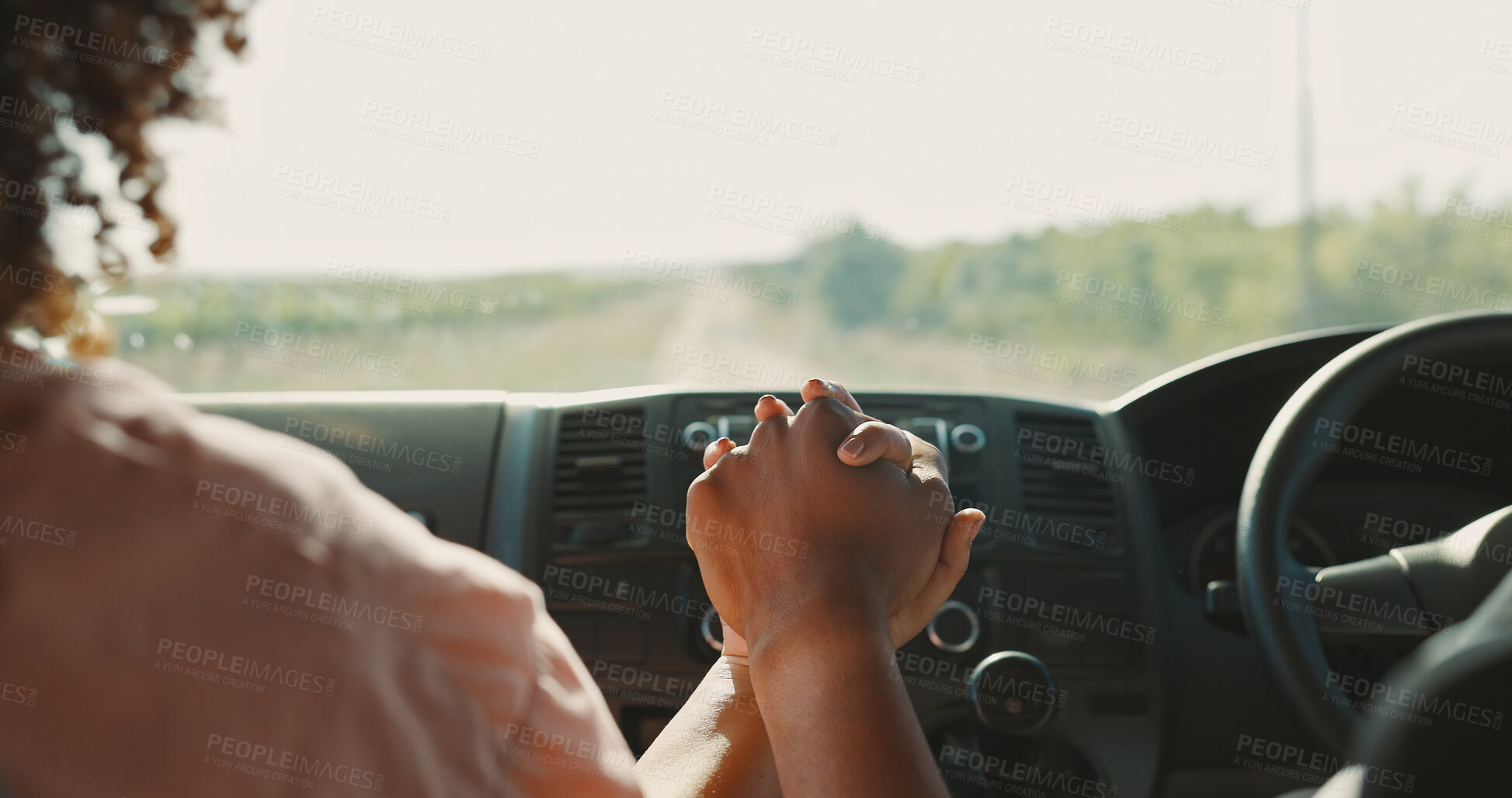 Buy stock photo Car, holding hands and travel with couple, vacation and road trip with getaway, adventure and honeymoon journey. Motor vehicle, man and woman with romance, countryside and summer break with love