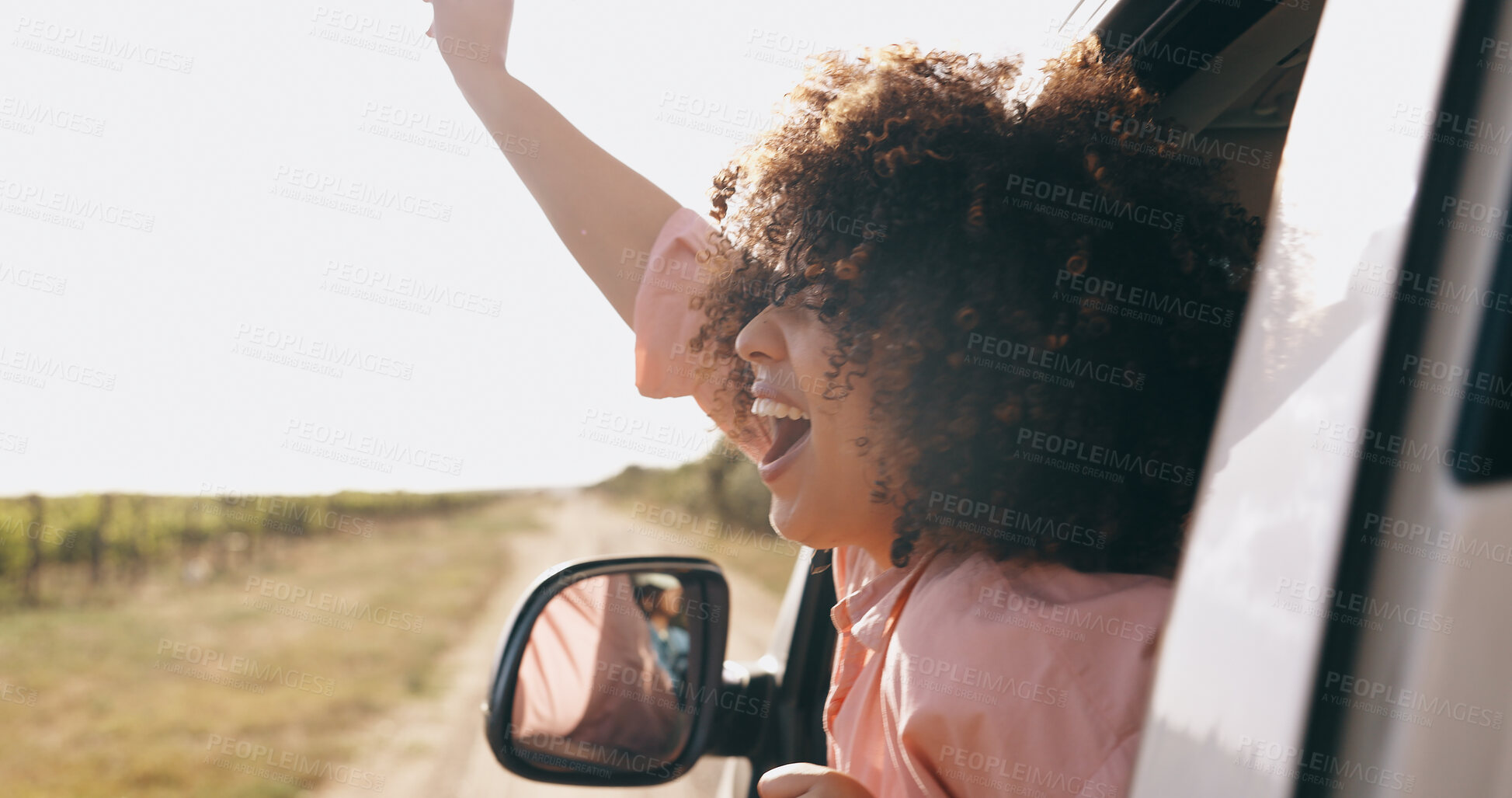 Buy stock photo Travel, wind and woman with vacation, car and freedom with summer break, journey and happy in road. Adventure, holiday and transportation with girl passenger, road trip and nature with vehicle or joy