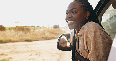 Window, car and excited with woman, nature and happiness with adventure, holiday and summer break. African person, outdoor and girl in a motor vehicle, freedom and journey with energy and sunshine