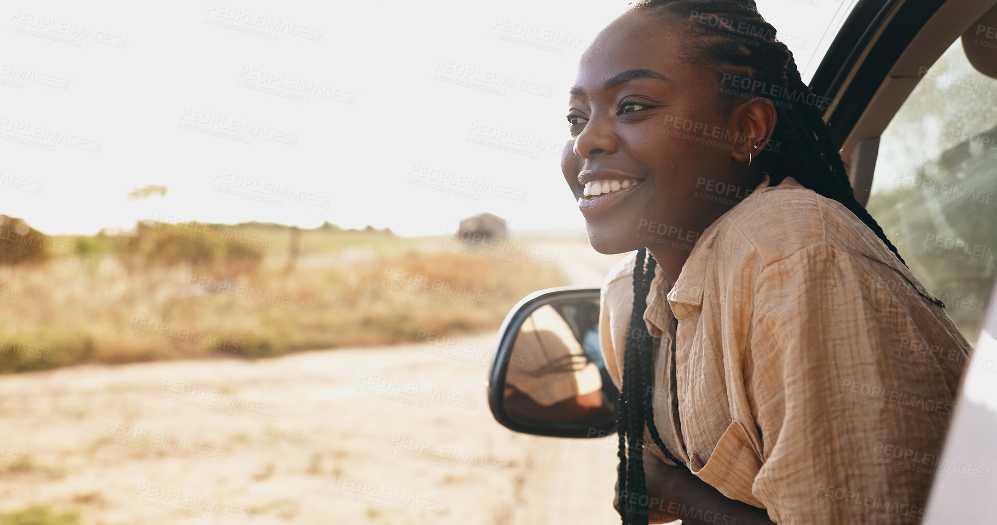 Buy stock photo Window, car and excited with woman, nature and happiness with adventure, holiday and summer break. African person, outdoor and girl in a motor vehicle, freedom and journey with energy and sunshine