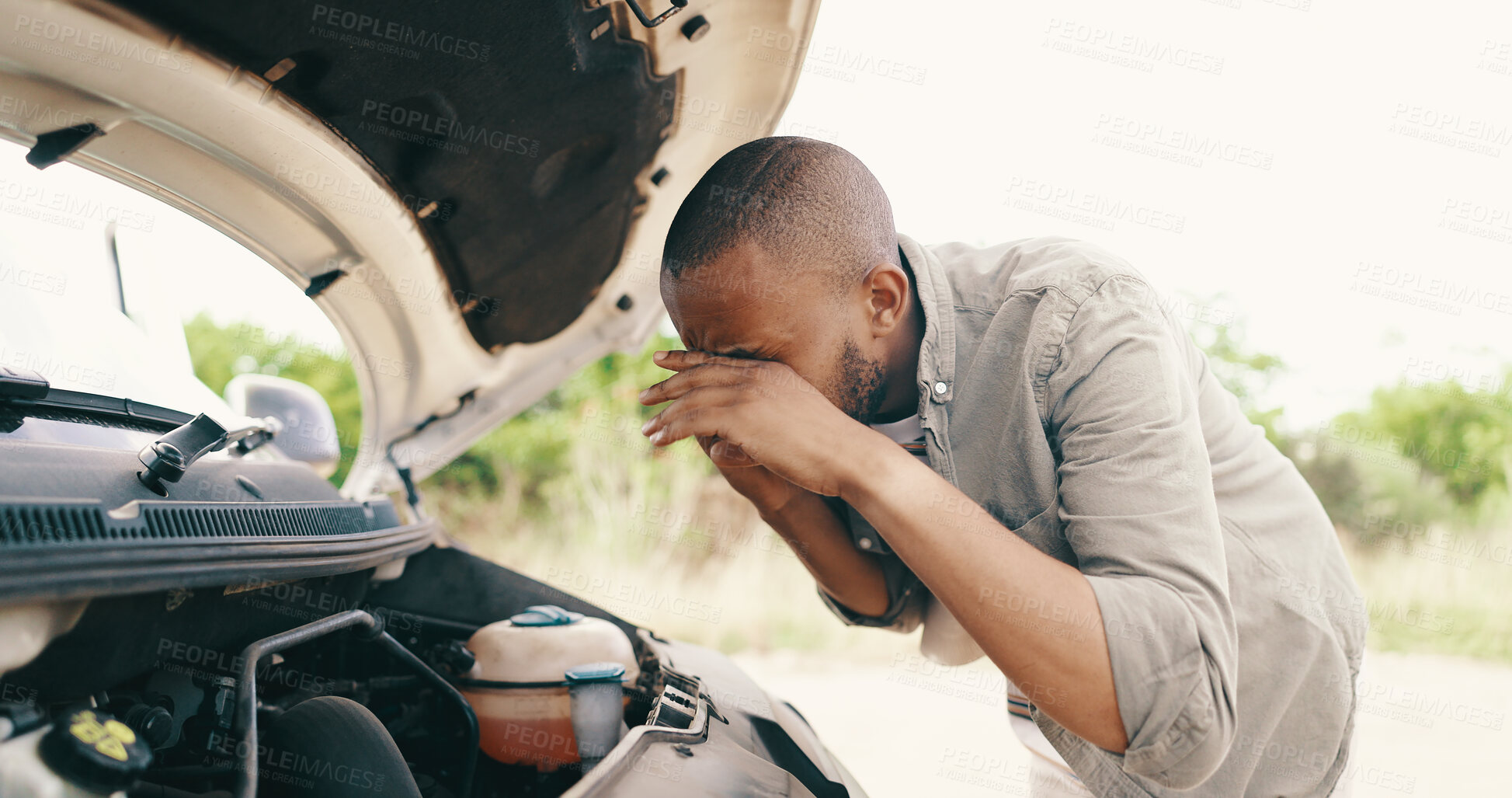 Buy stock photo Car problem, frustrated and black man with phone call, angry or connection with network, conversation or breakdown. Person, motor crisis or guy with smartphone, anxiety or emergency with engine issue