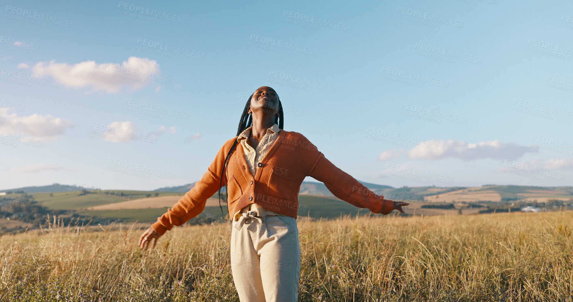 Buy stock photo Happy, field and black woman with peace, sunshine and vacation with nature, fresh air and journey. African person, outdoor and girl with happiness, adventure and summer break with health or breathing