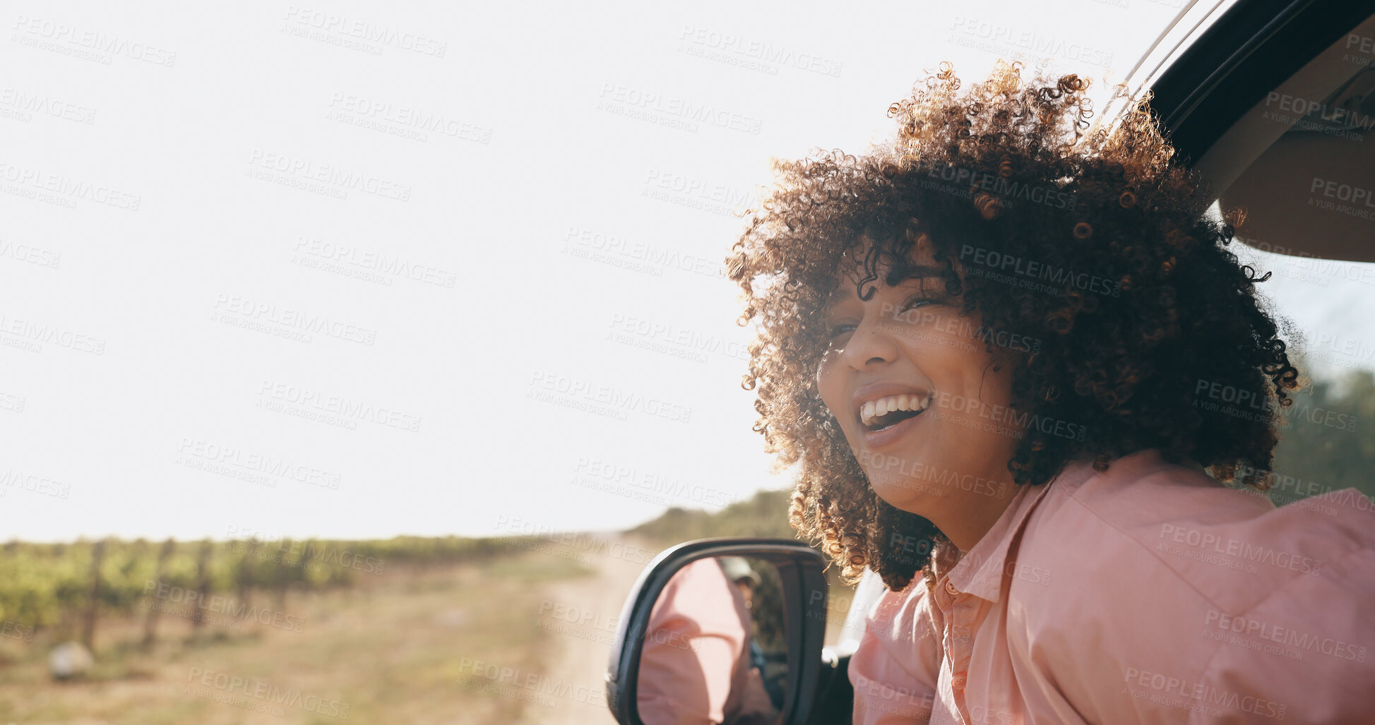 Buy stock photo Travel, wind and woman with vacation, car and freedom with summer break, journey and happy in road. Adventure, holiday and transportation with girl passenger, road trip and nature with vehicle or joy