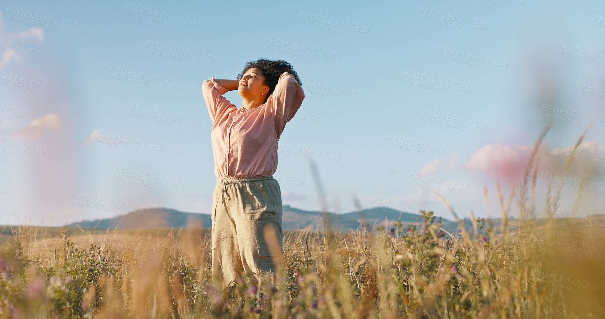 Buy stock photo Woman, freedom and dancing in field of flowers, countryside and peace in sustainable environment. Female person, holiday and adventure in nature or outdoors, calm and zen or wellness on vacation