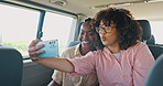 Selfie, social media and friends in car for road trip, travel or journey together on summer vacation. Smile, profile picture and pout with young women on mobile app in vehicle for holiday transport