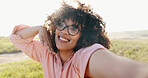 Face, woman selfie and peace sign for social media post in nature, emoji and happy on vacation. Female person, live streaming and internet connection for holiday update, blow kiss and portrait