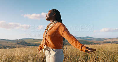 Happy, field and black woman with peace, sunshine and vacation with nature, fresh air and journey. African person, outdoor and girl with happiness, adventure and summer break with health or breathing