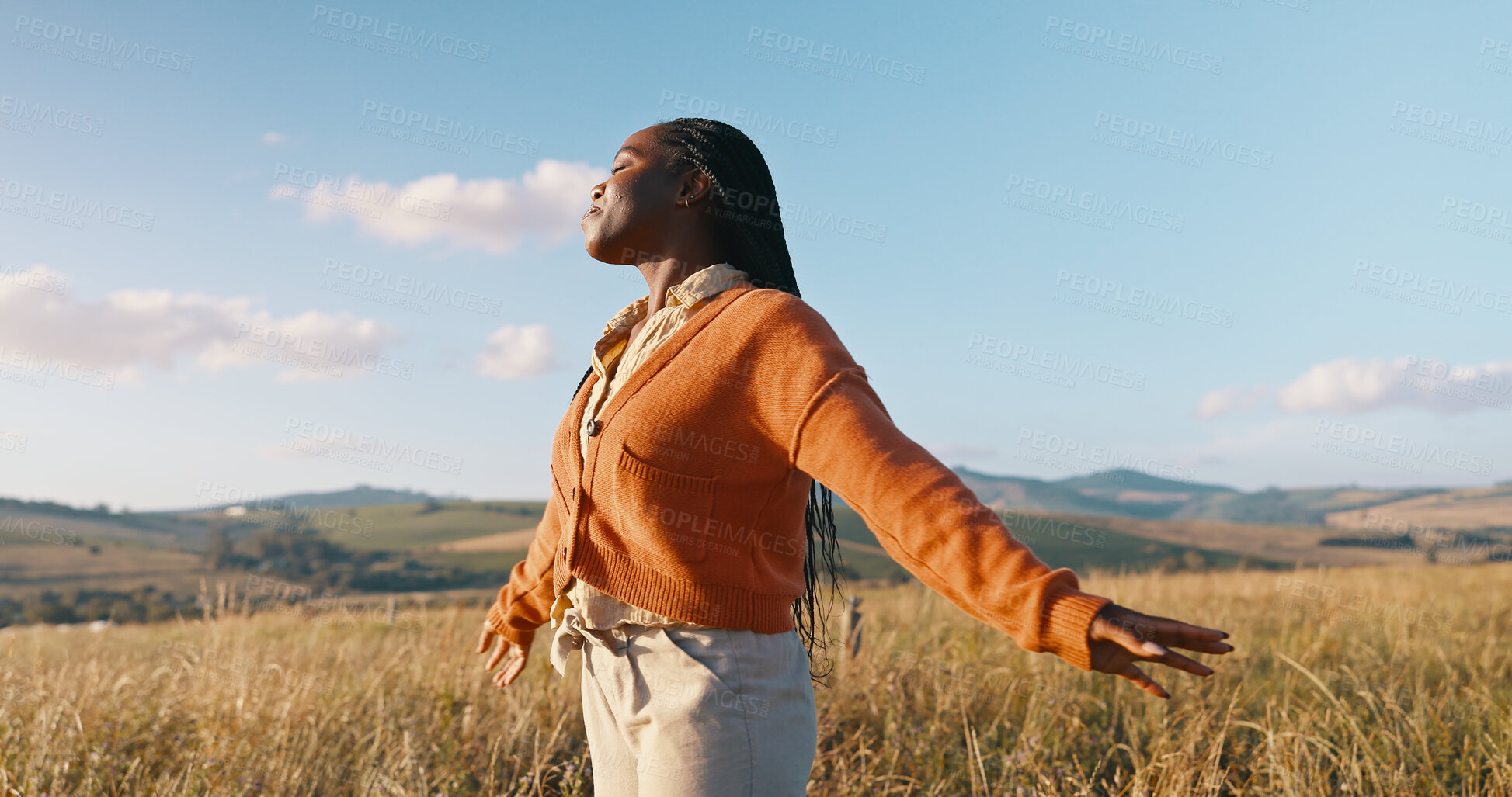 Buy stock photo Happy, field and black woman with peace, sunshine and vacation with nature, fresh air and journey. African person, outdoor and girl with happiness, adventure and summer break with health or breathing