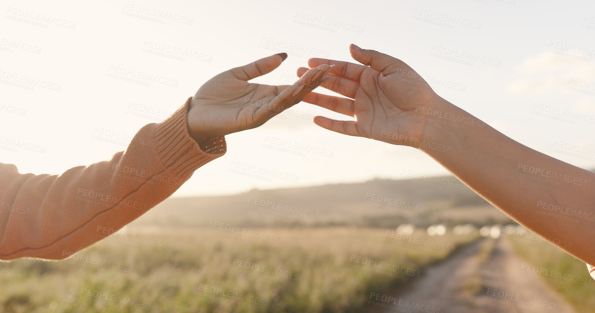 Buy stock photo People, hands and connection in sunset love for holiday bonding, romance or affection. Couple, fingers and touching on vacation for honeymoon together or outdoor sunshine, partnership or marriage