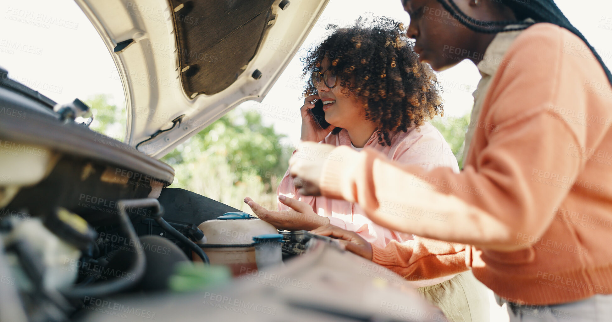 Buy stock photo Phone call, road trip and vehicle breakdown with friends on road together for travel, trip or journey. Stress, engine and car trouble with young women talking on mobile for roadside assistance