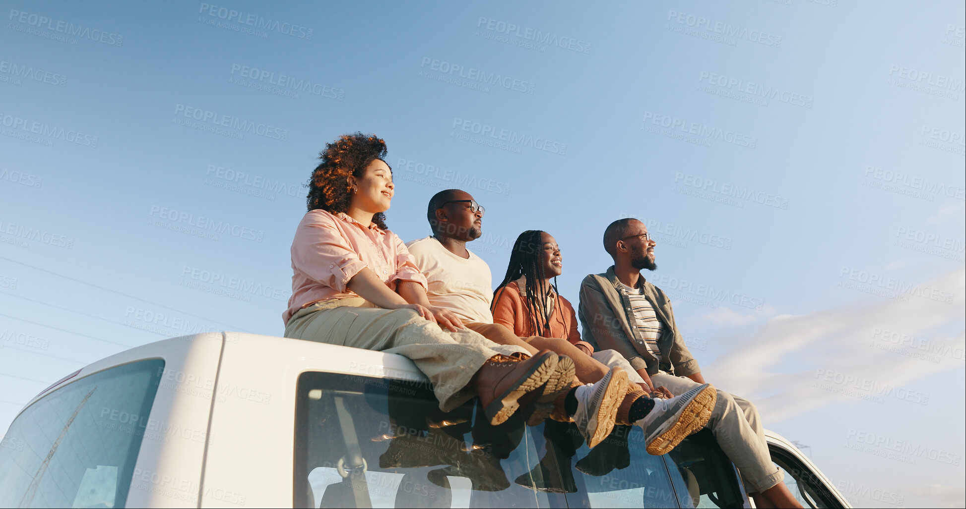 Buy stock photo Road trip, friends and view on a van with conversation, freedom and travel outdoor on a holiday. Vacation, smile and happy people on a caravan together on a journey and adventure with transportation