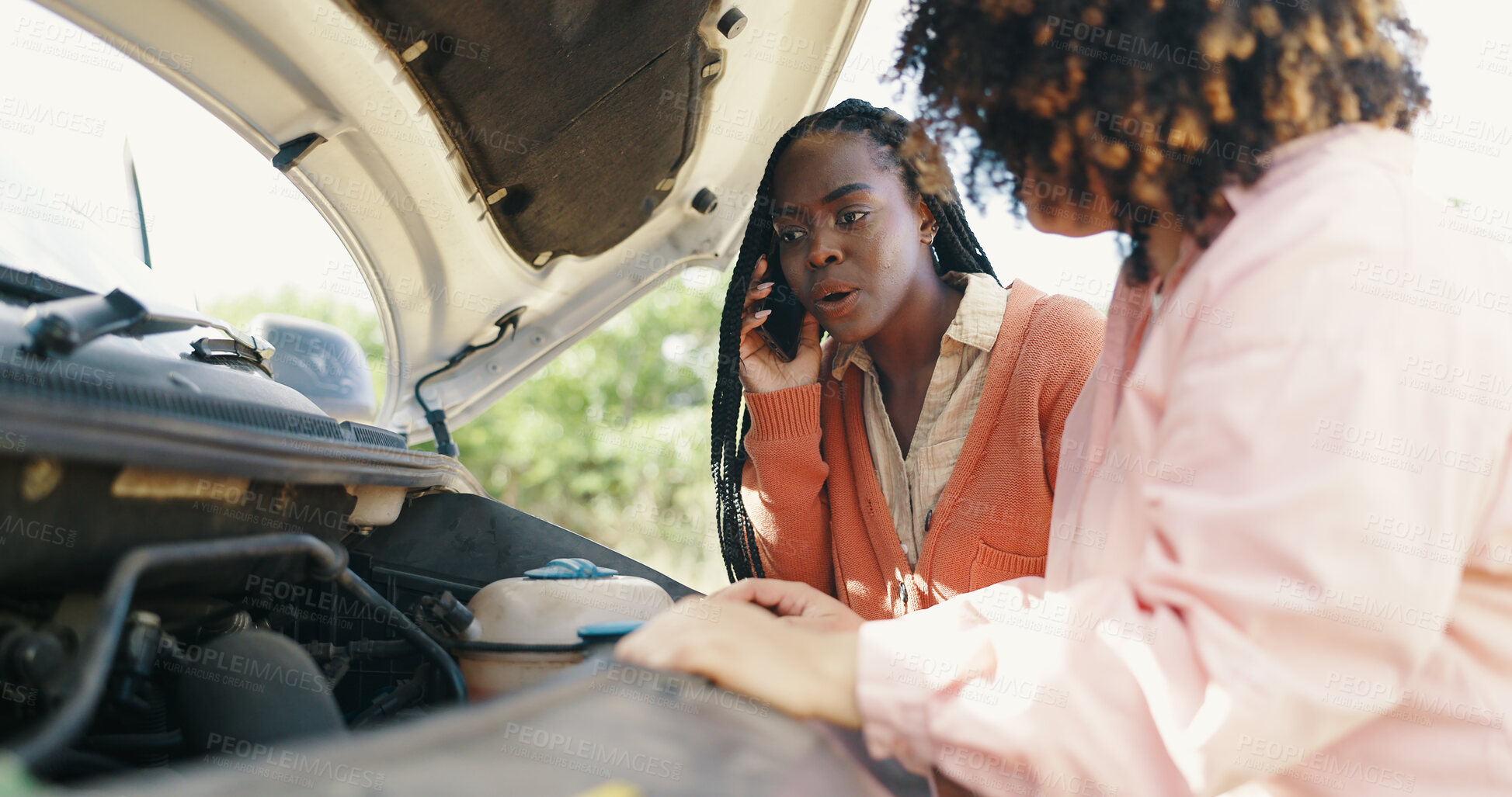 Buy stock photo Women, stress and phone call or car breakdown in rural area or panic, engine fail or overheating. Female people, friends and scared talk on road with vehicle for gas mechanical issue, battery or fuel