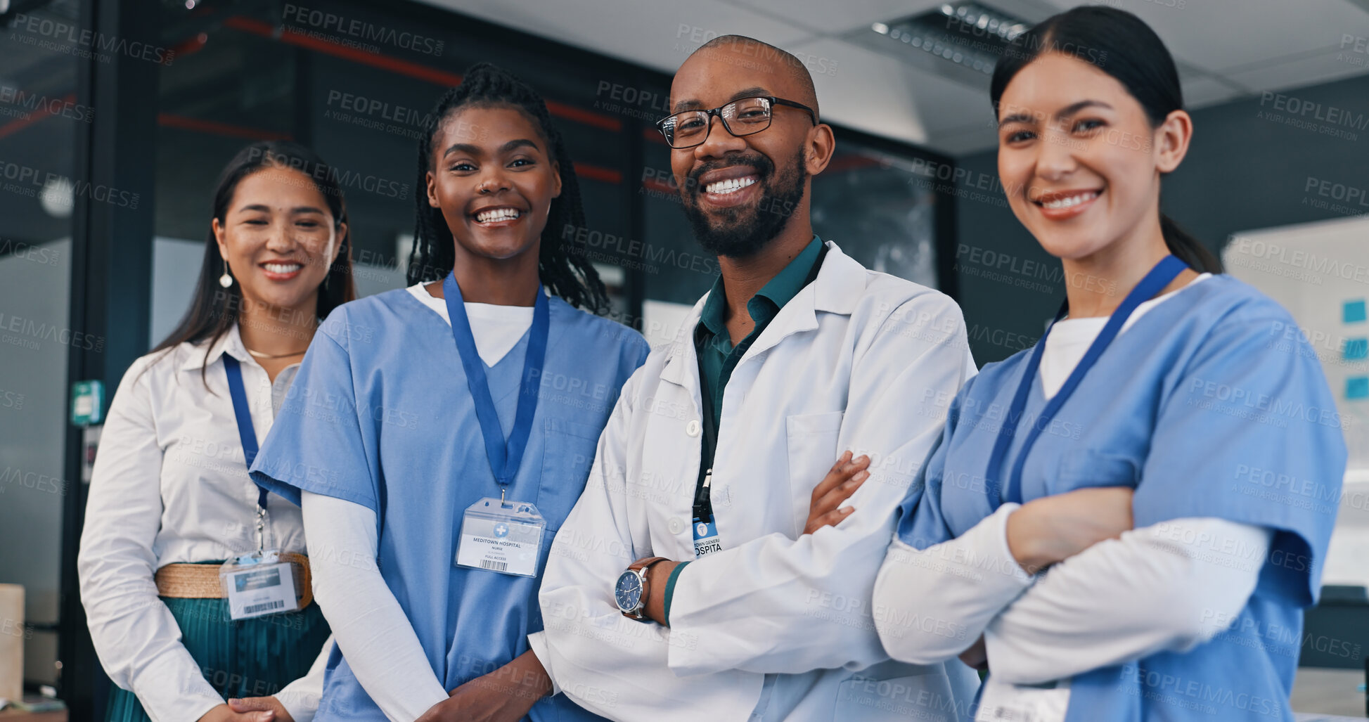 Buy stock photo Healthcare, diversity and smile with doctors in hospital together for support, trust or treatment. Portrait, medical and team with professional medicine people in health clinic for collaboration