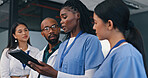 Medical team, tablet and discussion in a hospital with doctor, meeting and planning at work. Healthcare, nursing and health support staff with tech, management and communication together in a clinic