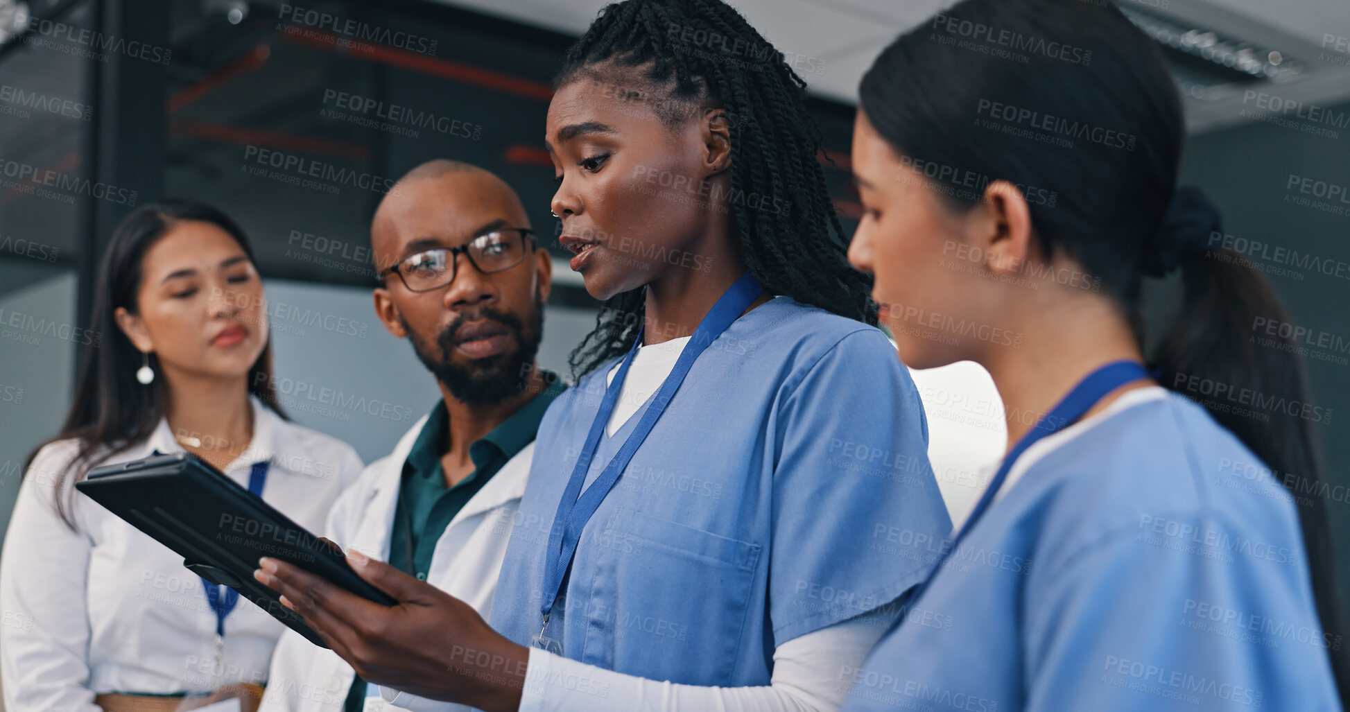 Buy stock photo Medical team, tablet and discussion in hospital with doctor, meeting and diversity at work. Healthcare, nursing and health support staff with tech for patient info or test results and communication.