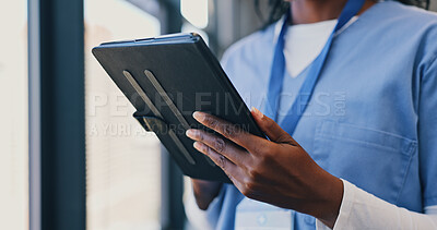 Hands, tablet or nurse in hospital for telehealth, online consulting or wellness app update. Woman, healthcare medicine or closeup of doctor typing for internet tips, medical research or patient data