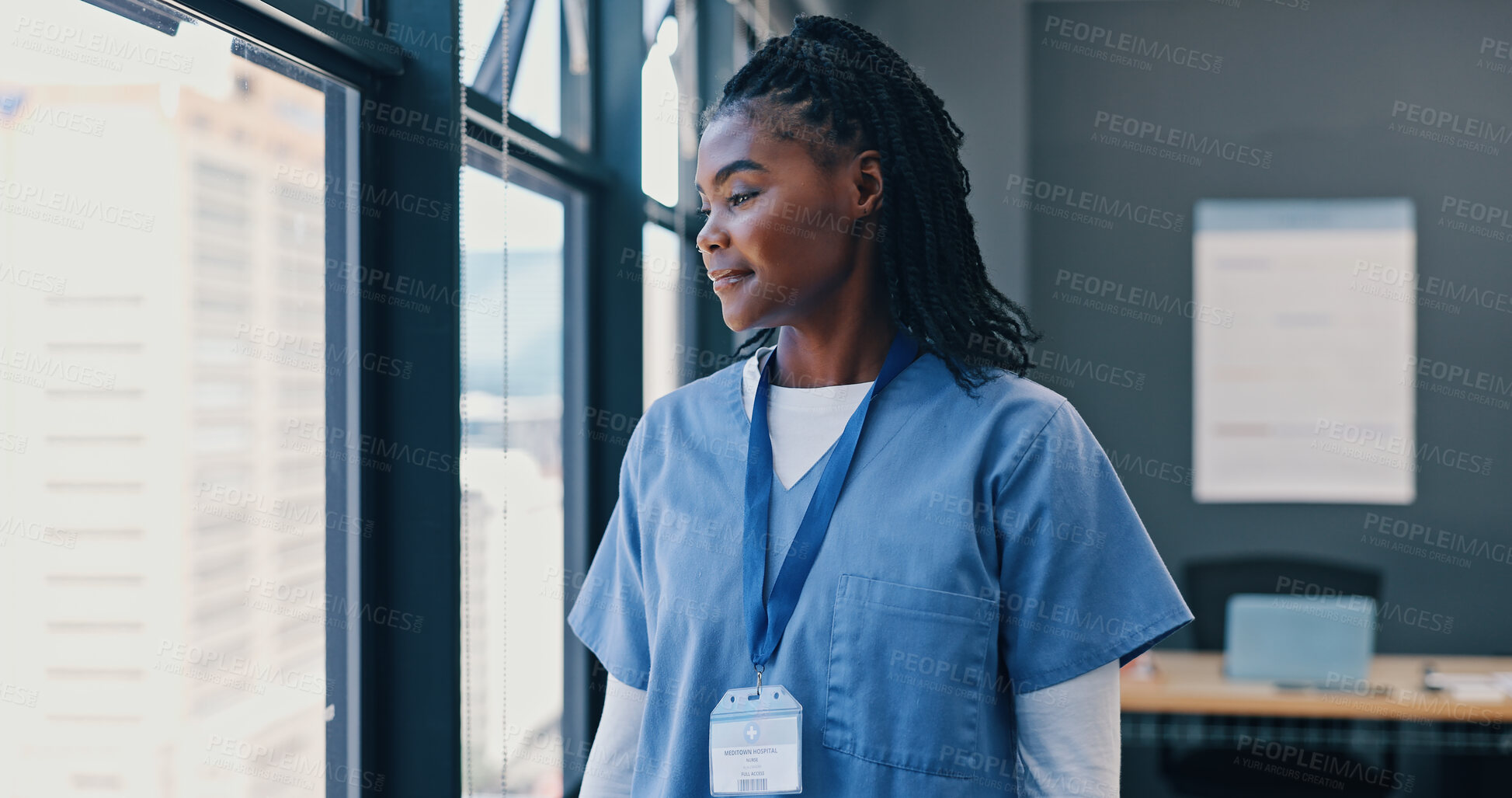 Buy stock photo Nurse, healthcare and thinking at window of hospital with ideas for surgery, medical decision and happy. Medicine, black woman and professional intern thoughtful in the clinic with wonder and smile