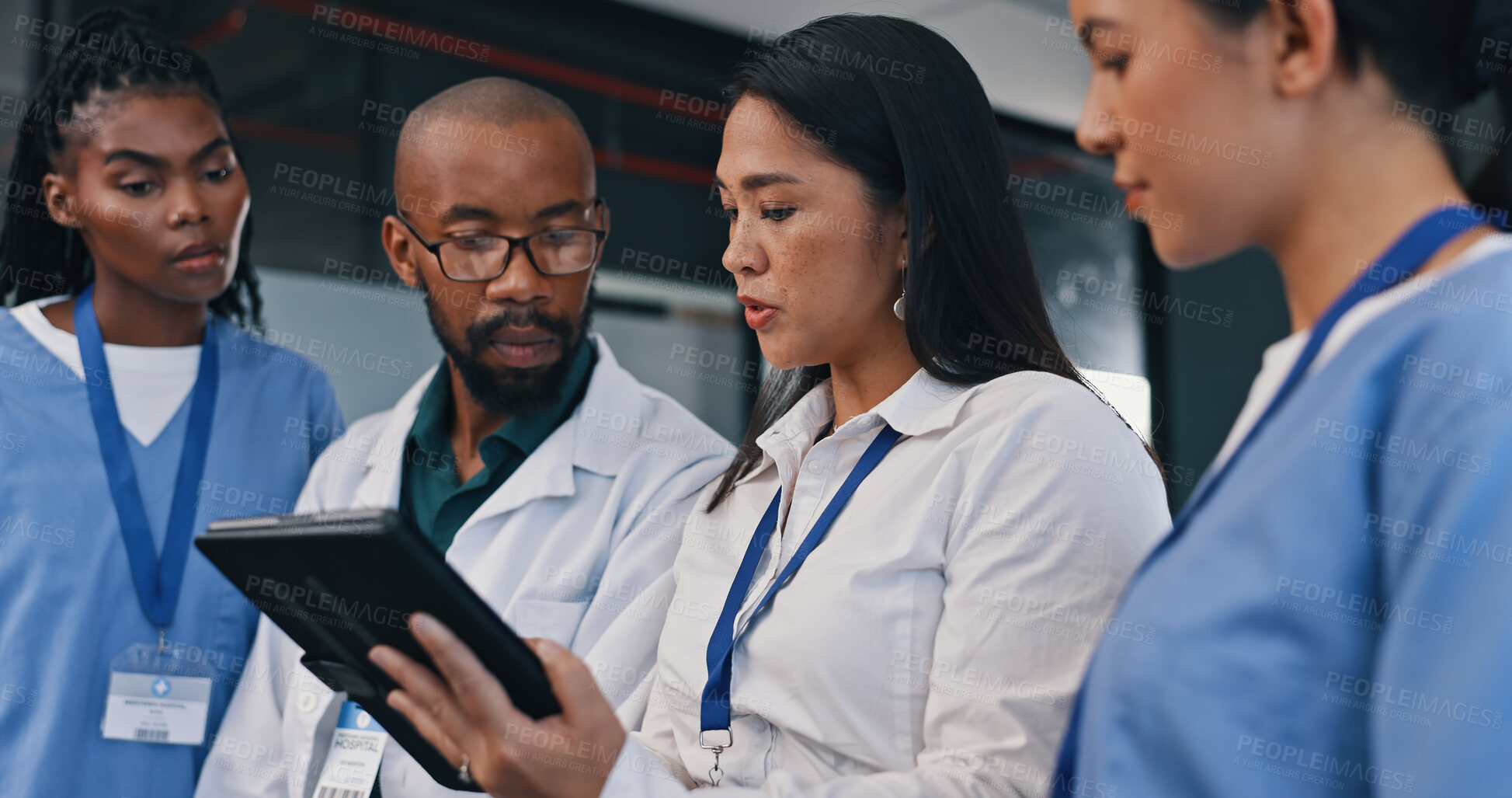 Buy stock photo Medical team, tablet and meeting in hospital with doctor, discussion and diversity at work. Healthcare, nursing and health support staff with tech for patient info or test results and communication.