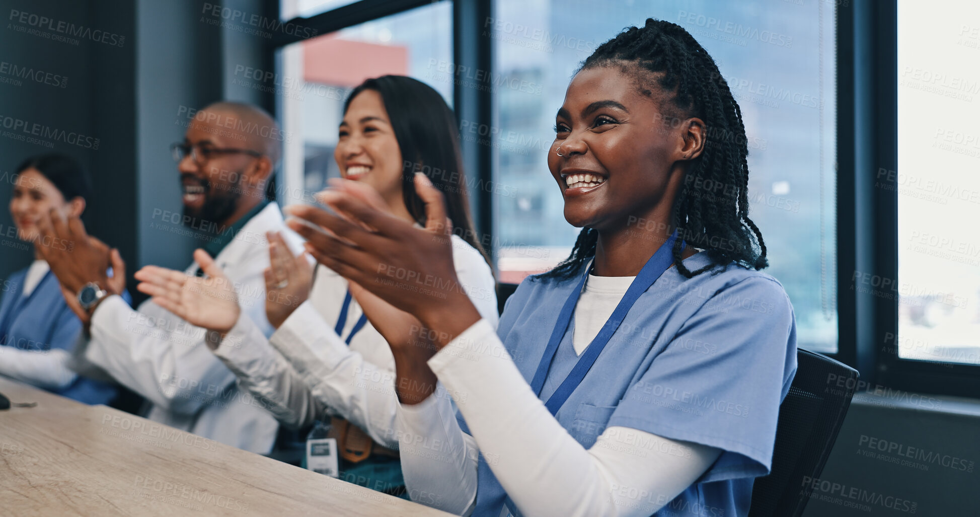 Buy stock photo Teamwork, applause with nurses and doctors meeting with diversity, congratulations and support in onboarding. Medical achievement, men and nurses in office clapping hands at hospital and healthcare