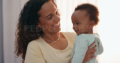 Buy stock photo Hug, love and mother with baby in a house for playing, talking or fun learning together. Happy family, smile and mom with kid at home for child development, bonding and security with trust or care