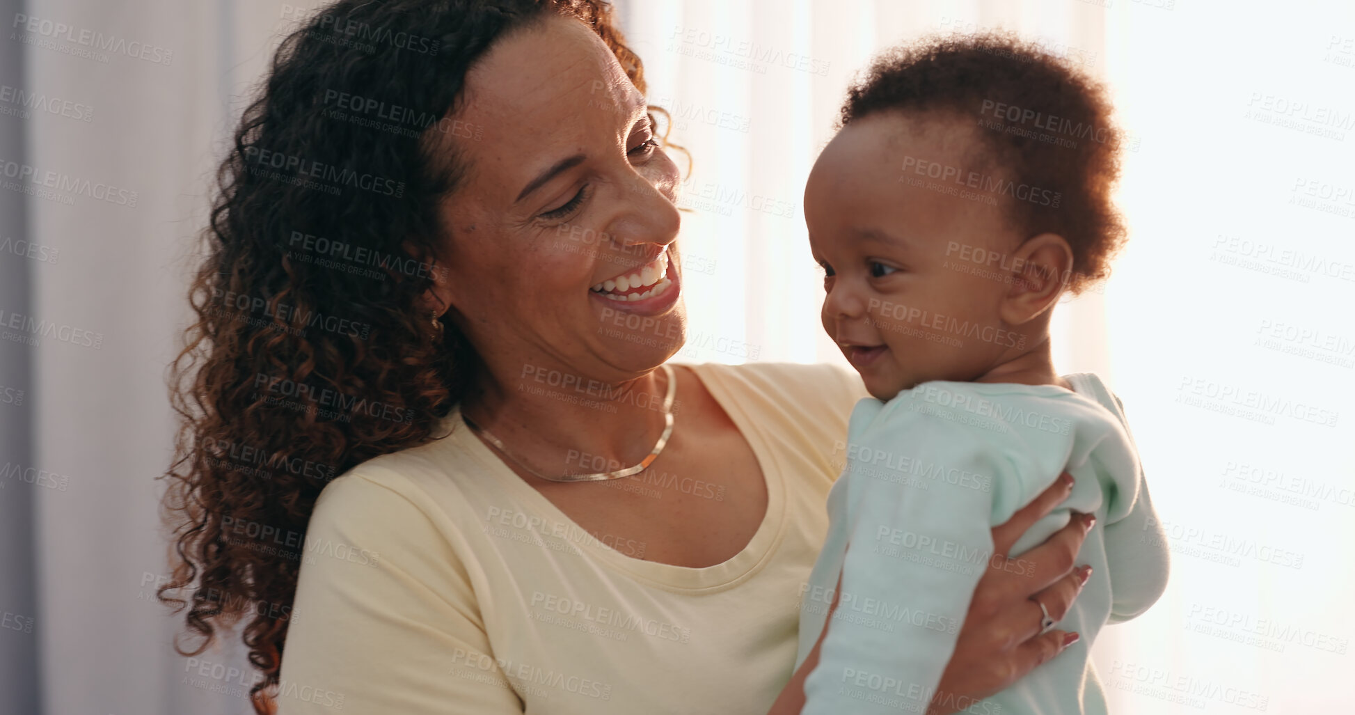 Buy stock photo Hug, love and mother with baby in a house for playing, talking or fun learning together. Happy family, smile and mom with kid at home for child development, bonding and security with trust or care