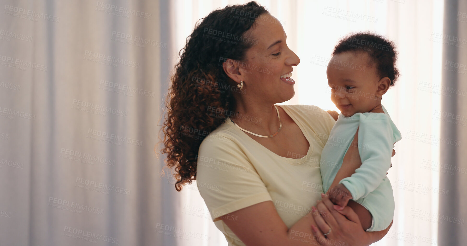 Buy stock photo Hug, love and mother with baby in a house for playing, talking or fun learning together. Happy family, smile and mom with kid at home for child development, bonding and security with trust or care