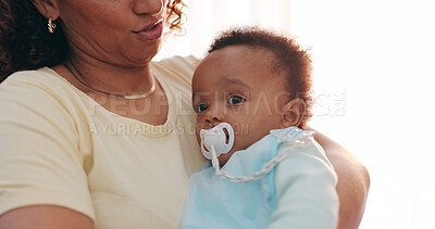 Buy stock photo Mother, comfort and baby in a house with love, security and bonding in their home together. Children, development and mama with kid in living room with support, safety or security, parenthood or care