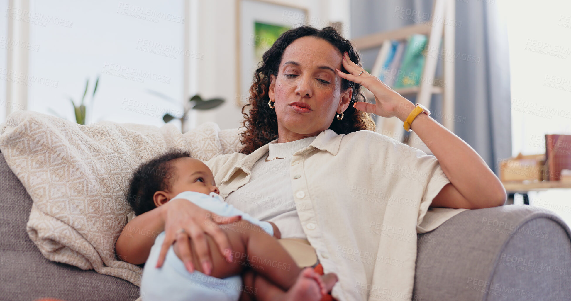 Buy stock photo Woman, baby and stress headache on sofa for child development care with fatigue, migraine or injury. Female person, kid and temple pain problem with anxiety risk for burnout, inflammation or tired