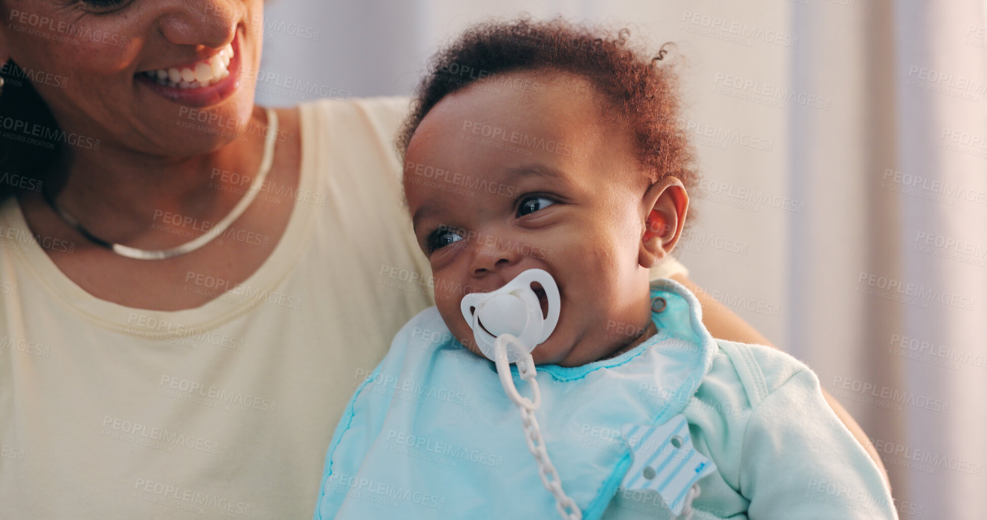 Buy stock photo Cute, bonding and mother holding baby with pacifier for calming with love and care at family home. Trust, embracing and closeup of mom carrying sweet boy infant, child or newborn in modern house.