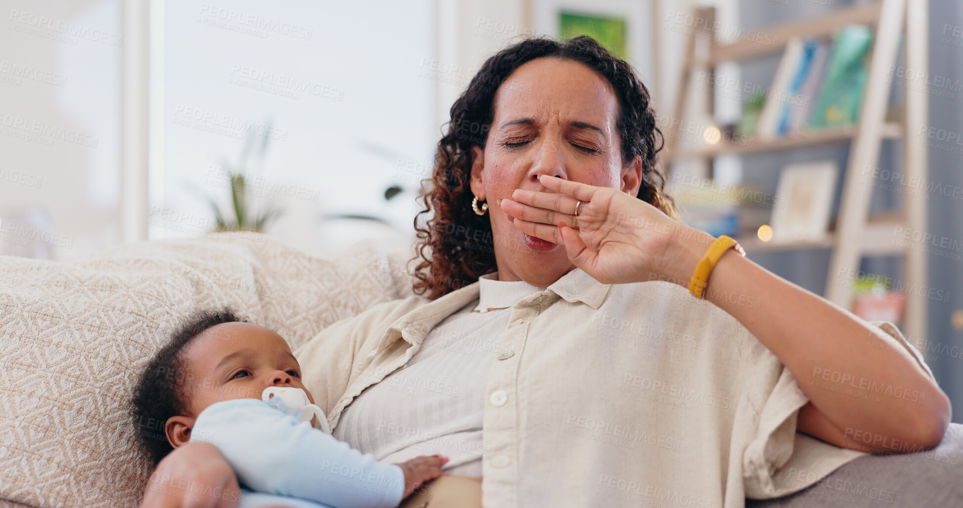 Buy stock photo Woman, baby and tired yawn in home for mother parenting fatigue for exhausted burnout, stress or overworked. Female person, hand and drained for kid support care on sofa in apartment, sleepy or rest