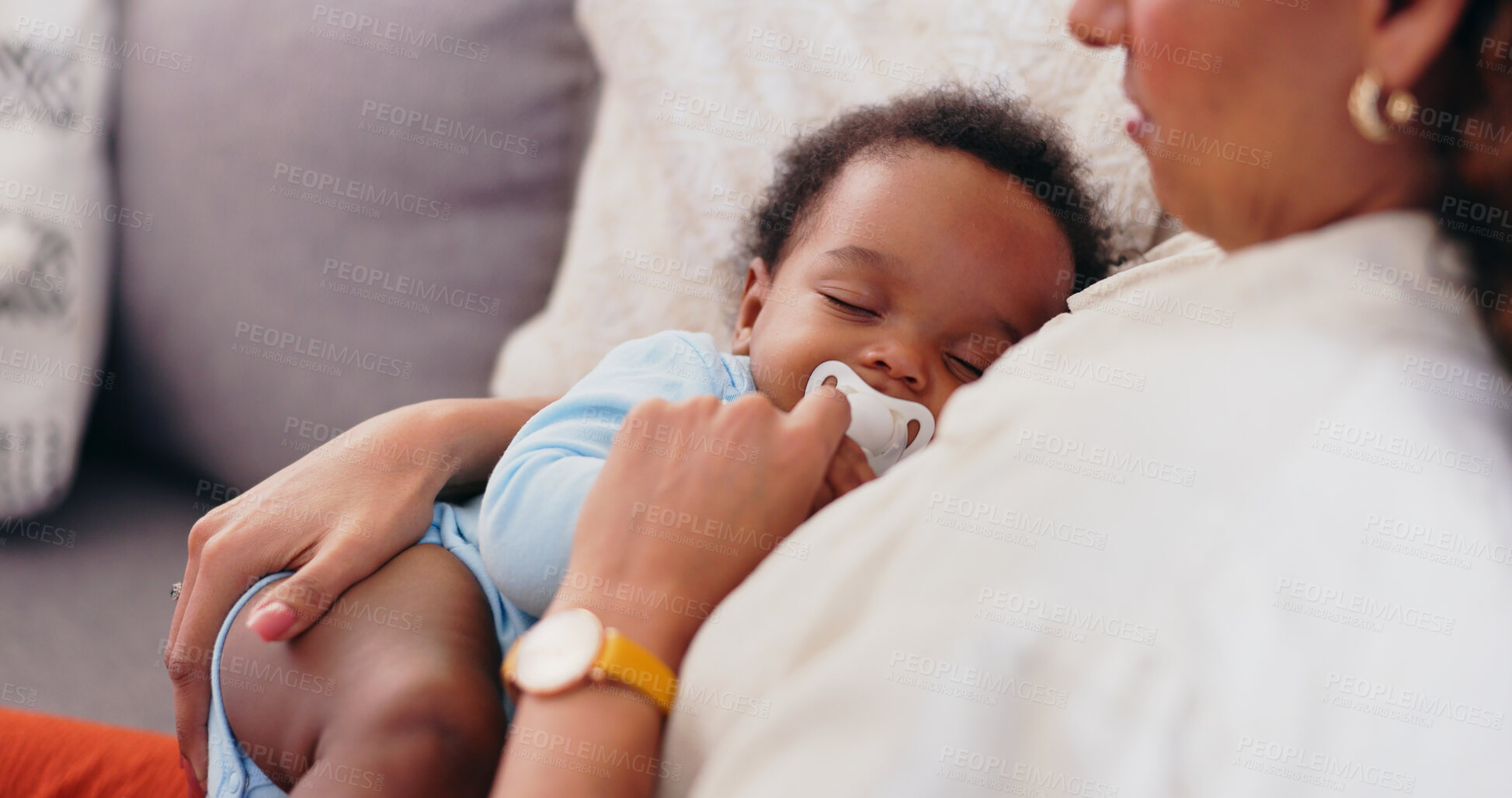 Buy stock photo Mother, baby and sleep comfort on sofa for peaceful support for healthy development, together or relax. Female person, child and dummy on couch or embrace on chest for calm parenting, rest or love