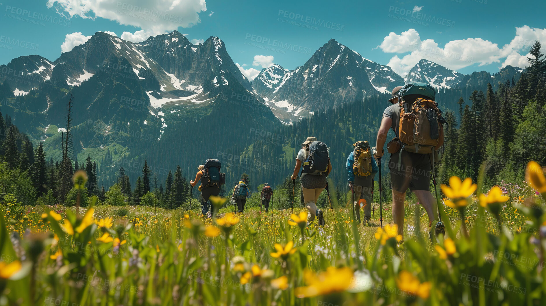 Buy stock photo Outdoor hiking, mountain and scenic views with backpacks. Exploring nature, enjoying landscapes and walking adventure on trails. Health, exercise and freedom for active lifestyle.