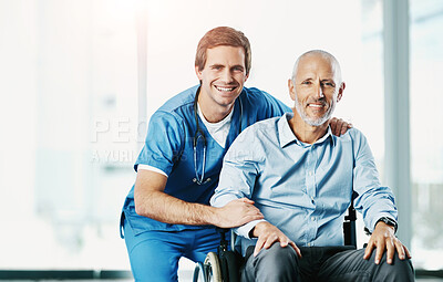 Buy stock photo Portrait of a male nurse caring for a senior patient in a wheelchair